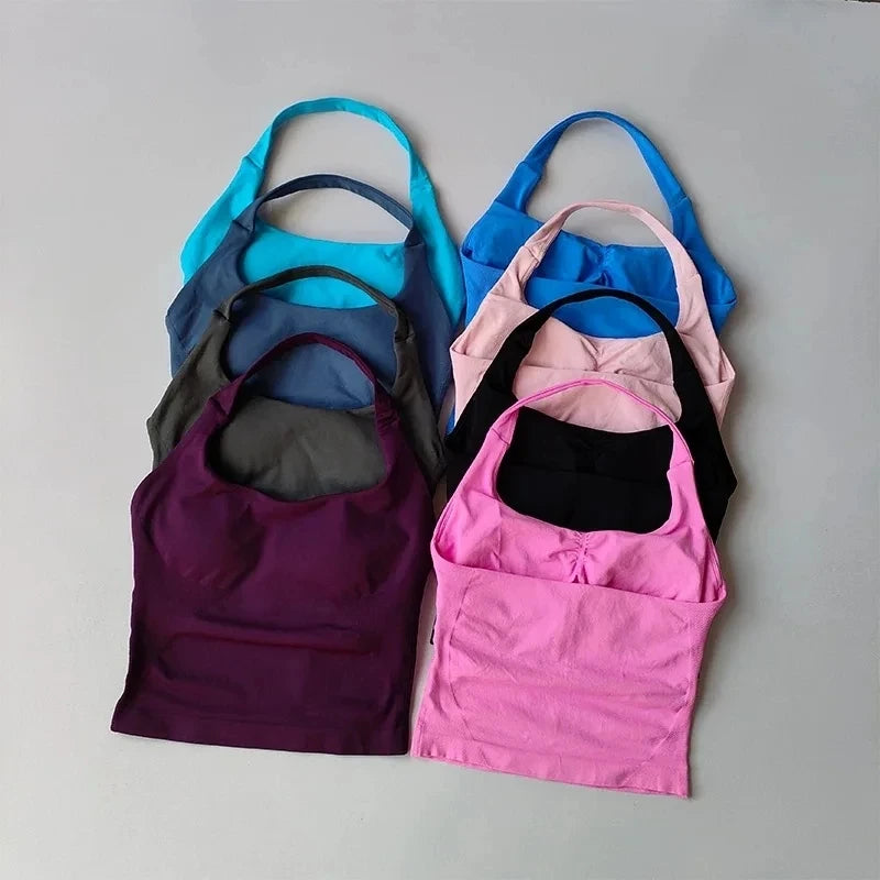 Seamless Halter Neck Yoga Tank Top | Built-In Bra, Open Back | RestWellActive