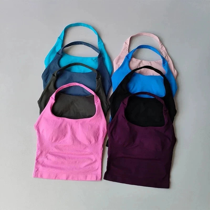 Seamless Halter Neck Yoga Tank Top | Built-In Bra, Open Back | RestWellActive
