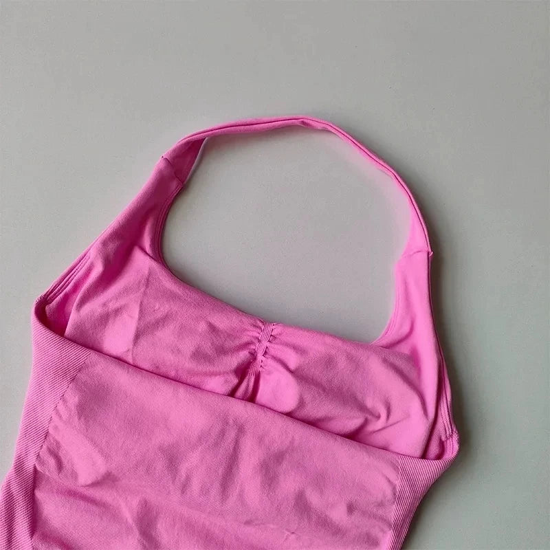 Seamless Halter Neck Yoga Tank Top | Built-In Bra, Open Back | RestWellActive